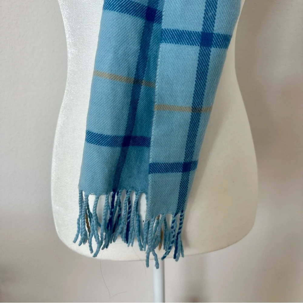 100% Cashmere Mens Scarf Made In Scotland Light Blue Tan Plaid Fringed 63” Lux